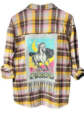 Western Horse Theme Upcycled Flannel Shirt Fringe Aztec